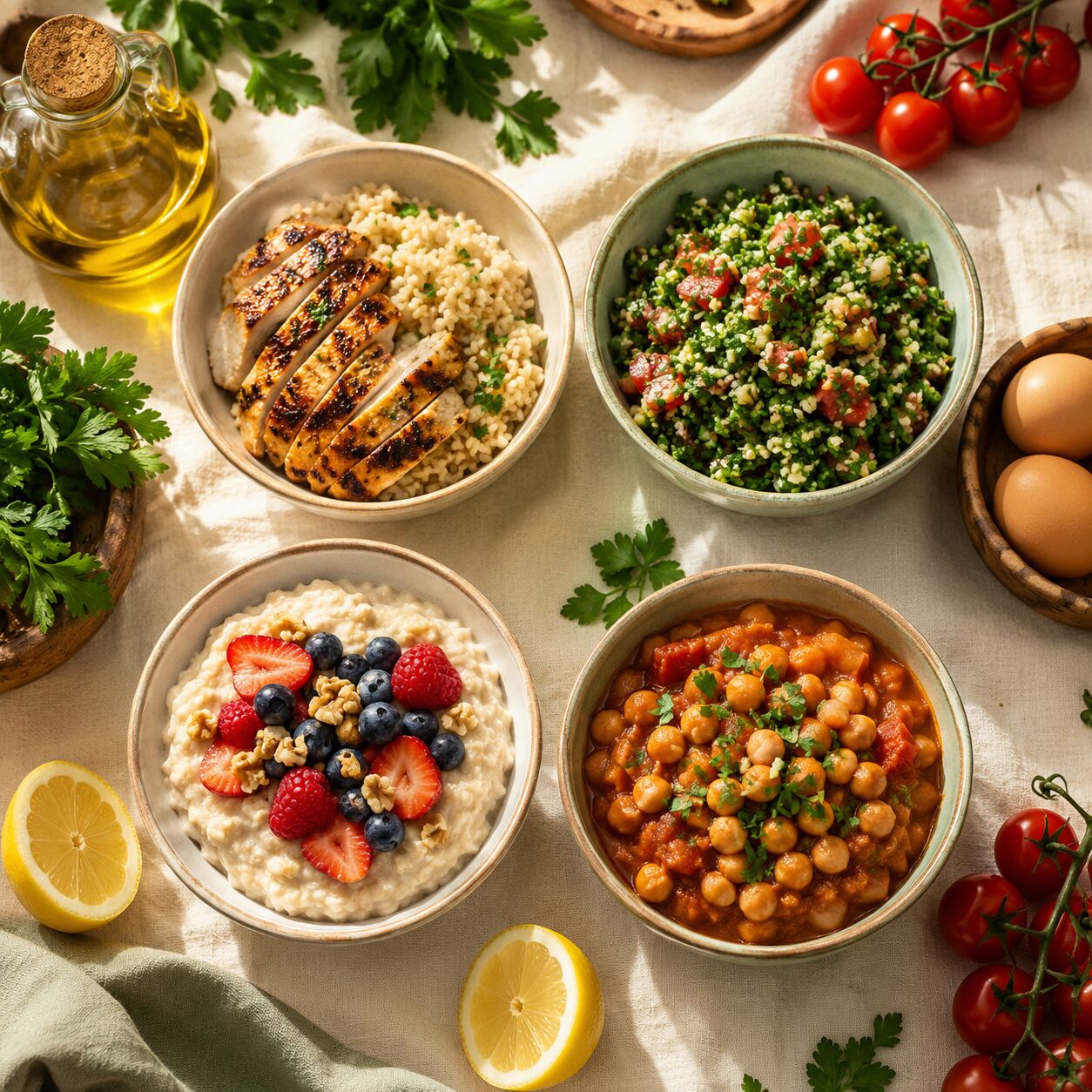 4 وجبات صحية مرتبة في bowls على ترابيزة كريم — فراخ مشوية، تبولة، شوفان، حمص