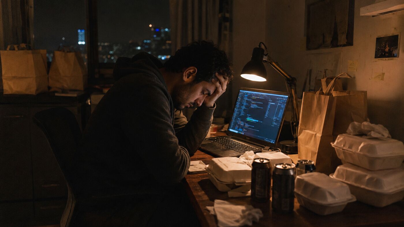 شاب تعبان قاعد لوحده على مكتبه ليلاً، حواليه أكياس delivery و علب فاضية — موقف ديجيتال شغل + أكل عشوائي